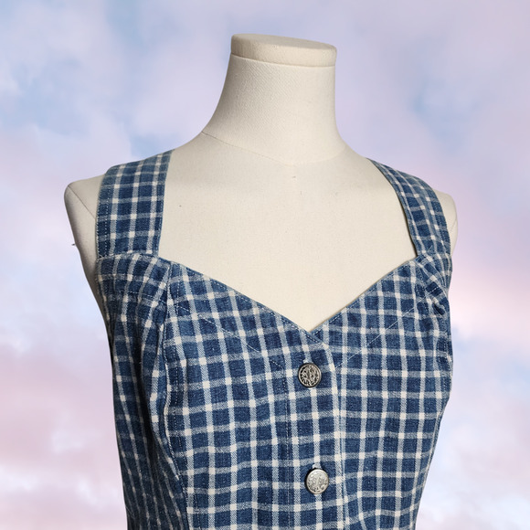 Vtg 90 Y2k Blue White Plaid Gingham Midi Tank Button Up Cotton Summer Dress Sz 9 - Picture 2 of 7